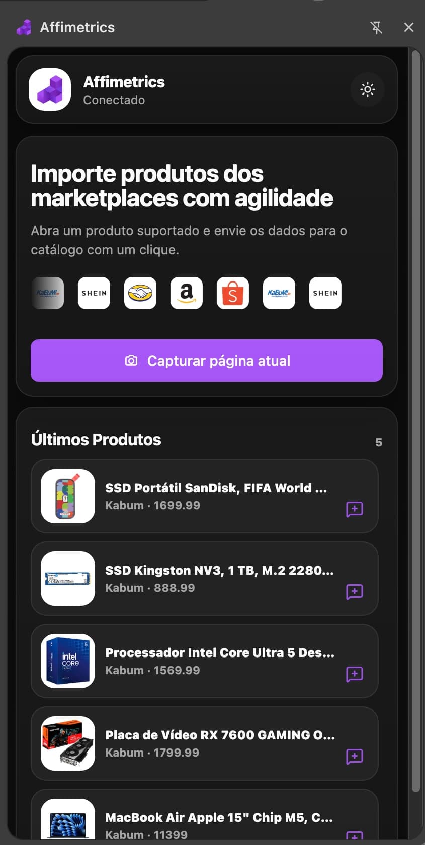 Prévia da extensão conectada à captura de produtos em uma página de ofertas
