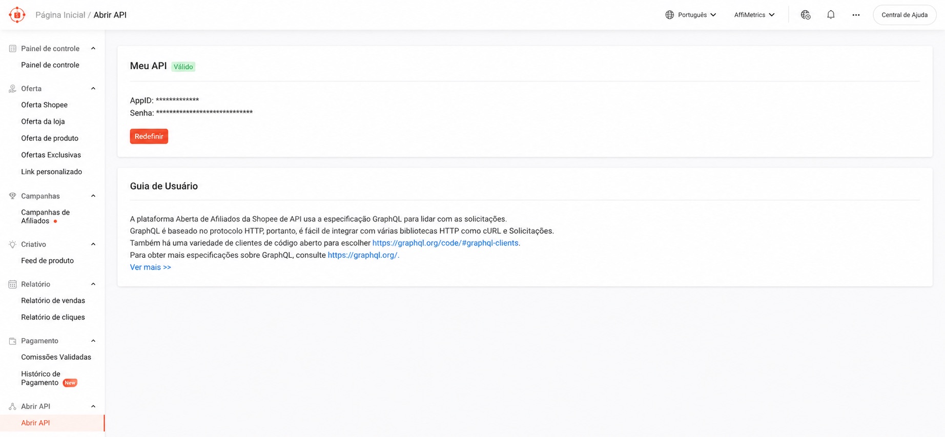 Página "Abrir API" do painel de afiliados da Shopee, com o card "Meu API" mostrando o AppID e a Senha